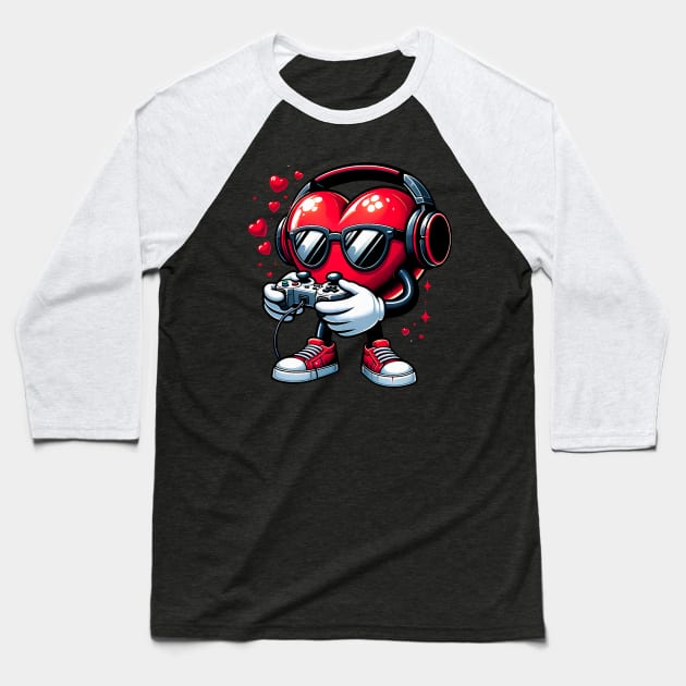 Funny Heart Gaming Valentines Day Men Women Boys Girl Gamer Baseball T-Shirt by jadolomadolo